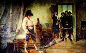 Esta é uma imagem muito interessante, pois mostra ao mesmo tempo um Tiradentes associado à Jesus ao mesmo tempo em que ele resiste a sua prisão.