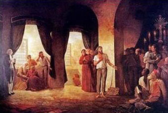Imagem representando a leitura da sentença de Tiradentes. Mais uma vez ele é associado a uma imagem sagrada, ressaltando a injustiça da pena.